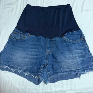 High Waist Maternity Denim Shorts with Navy Panel